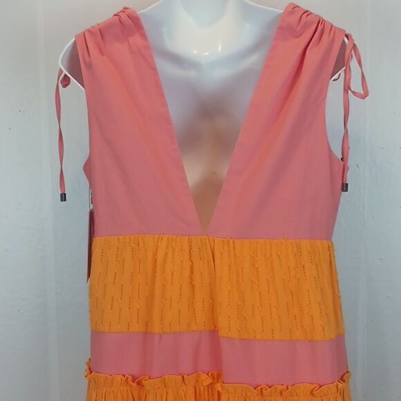 LDT Daphne pink/ yellow color block V-neck and back tiered skirt maxi dress - Picture 10 of 15